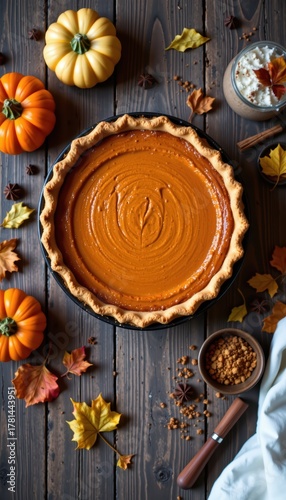Delicious Homemade Pumpkin Pie on a Rustic Wooden Table with Autumn Leaves and Spices for a Festive Fall Season