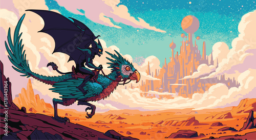 Fantasy Fowl Flight A Majestic Bird Creature Over a Desert Landscape