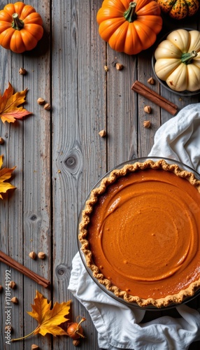 Festive Autumn Pumpkin Pie: Delicious Thanksgiving Dessert with Rustic Wooden Background and Seasonal Decoration