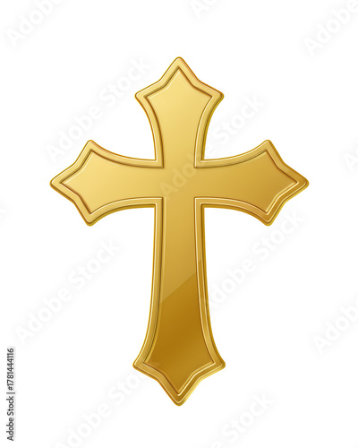 Stylized golden Christian cross illustration with shiny metallic finish and ornate ornate edges, isolated on a transparent background, symbolizing faith and spirituality.