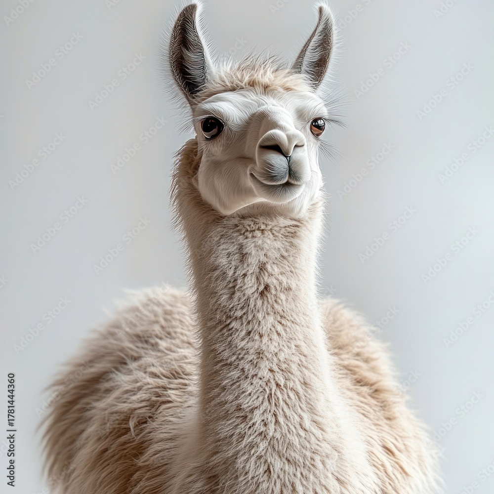 Naklejka premium close-up portrait of a calm and curious llama with soft fluffy fur against a plain light background