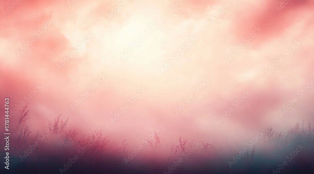 Fototapeta premium Soft glowing sunrise or sunset sky with mist over silhouetted tall grass creating a dreamy and peaceful atmosphere