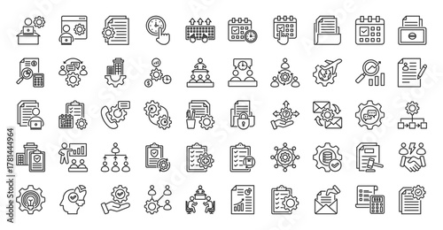 Administration icon set outline containing office, management, administrative, support, document, time, data entry, scheduling, file organization, event planning, record keeping, budget tracking