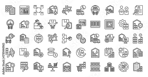 Inventory icon set outline containing management, stock level, rotation, warehouse, tracking, order fulfillment, supply chain, raw material, finished goods, valuation, just in time, replenishment