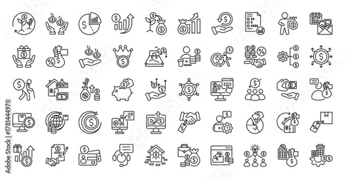 Earning icon set outline containing revenue generation, income stream, profit margin, sales growth, investment, capital gain, financial return, report, wage, salary, bonus, fee, commission, dividend