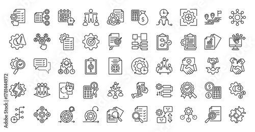 Project icon set outline containing management, planning, schedule, task delegation, resource allocation, budget, timeline, scope definition, milestone, stakeholder, risk, team, charter, goal setting