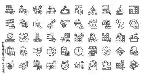 Manufacture icon set outline containing process, assembly line, production, management, quality control, workforce, industrial machinery, industry model, inventory, layout, capacity, batch production