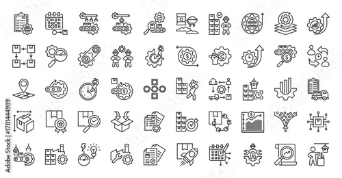 Production icon set outline containing planning, manufacturing process, assembly line, quality control, raw material, finished goods, capacity, continuous, efficiency, workflow optimization, schedule