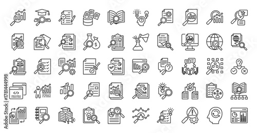 Research icon set outline containing academic, survey, design, data, collection, literature, review, hypothesis, testing, methodology, statistic, analysis, qualitative, quantitative, report, funding