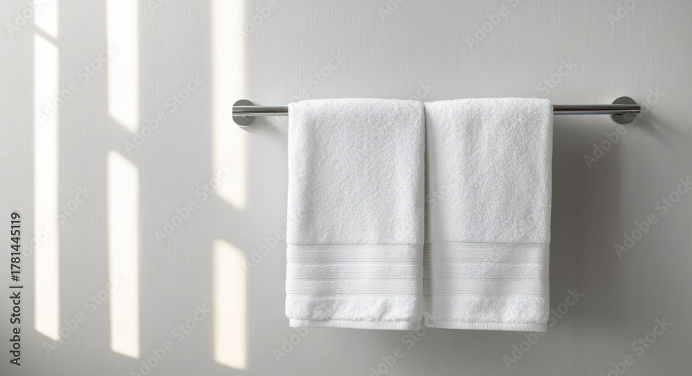 Obraz premium Two clean white towels neatly hanging side by side on a silver towel bar against a plain light grey wall with soft natural light casting window shadows