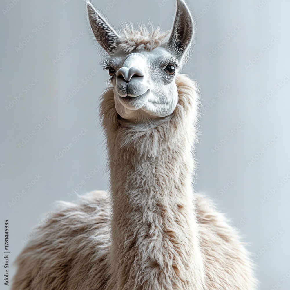 Naklejka premium close-up portrait of a fluffy light brown llama looking slightly to the side with a calm expression on a neutral background