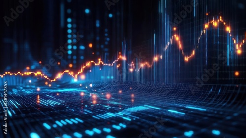 Abstract digital data visualization with glowing blue and orange financial graph lines on a dark background representing market trends and data analysis