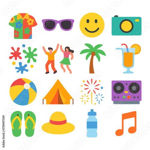 Joyful Summer Elements: A vibrant illustration showcasing a collection of summer-themed icons, representing the essence of leisure, vacation, and fun. It includes sunglasses, a camera, a smiling face.