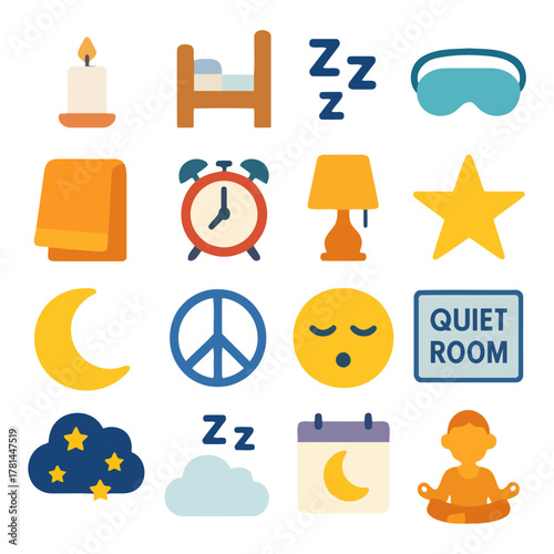 Serene Sleep Symbols: A collection of various icons related to sleep and relaxation, conveying calmness and tranquility. 