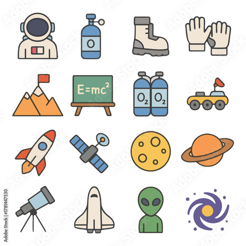 A Collection of Space Icons: A vibrant assortment of icons capturing various elements related to outer space, including astronauts, rockets, planets, and exploration equipment.
