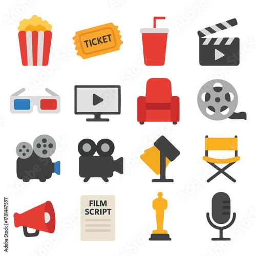 Lights, Camera, Cinema: An array of cinema icons arranged to represent film elements. It embodies the essence of the movie-going experience, setting the stage for cinematic adventures.