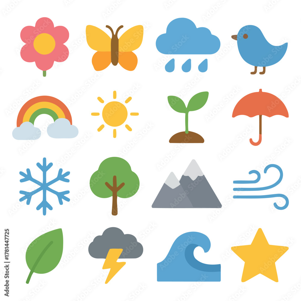 Fototapeta premium Nature's Elements Icons: A vibrant collection of icons representing nature's diverse elements, inviting the viewer to explore the beauty and wonder of the natural world.