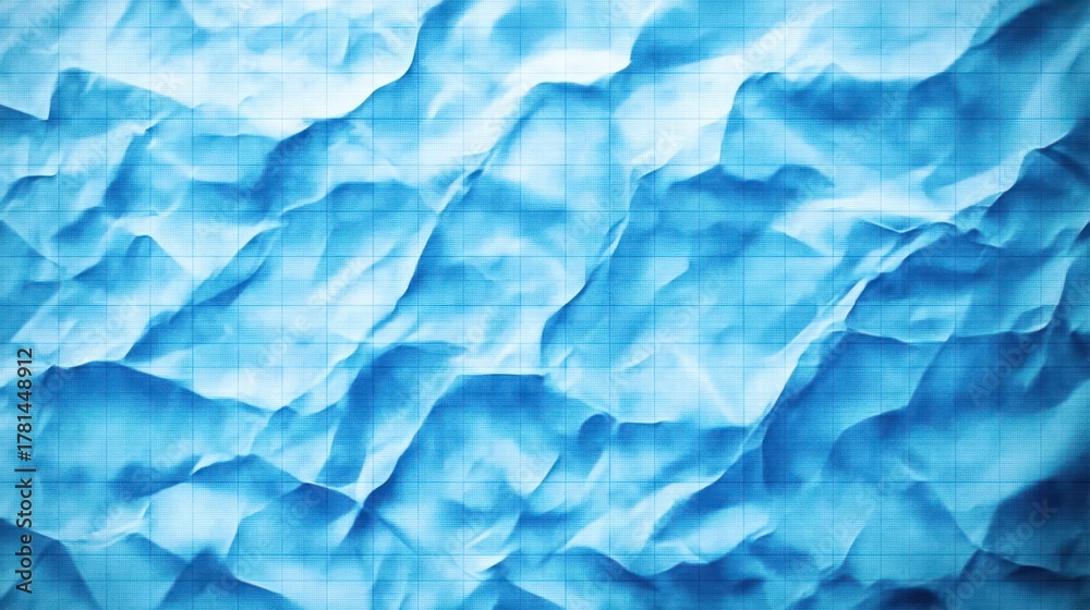 Fototapeta premium Close-up of crumpled light blue graph paper with visible grid lines and varied shadows creating textured patterns