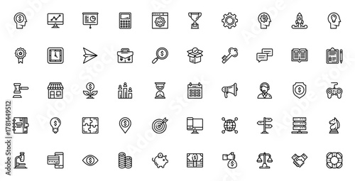 Startups icon set. Business vector icons pack. Inclues symbols for growth, strtegy, management, finance,presentation, trophy, shied and more. Editable strok.
