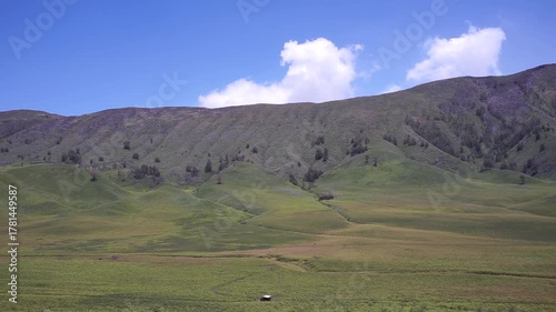 A vast, grassy landscape stretches towards a mountain range under a bright blue sky with scattered clouds.