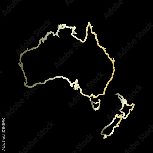 Stylized Metallic Outline Map of Australia and New Zealand on Black Background. Oceania Symbol Design. Ideal for educational materials, travel content, infographic assets, or cultural branding.