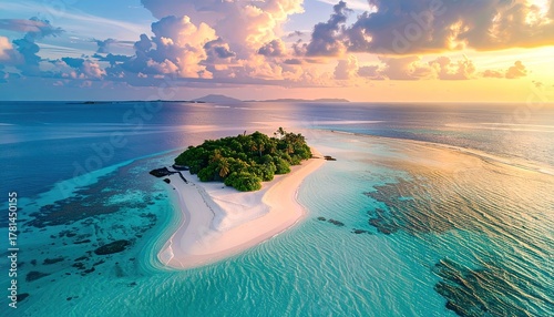 Fototapeta Naklejka Na Ścianę i Meble -  Tropical Paradise Island at Sunset with Turquoise Water and Lush Green Palm Trees casting long shadows on the White Sand Beach reflecting Golden Hour Light and Dramatic Clouds