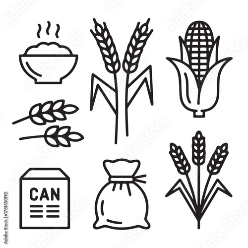 Collection of agriculture and grain icons isolated on white background