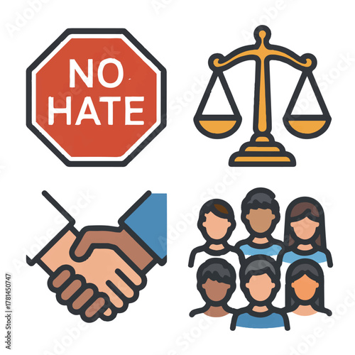 Icons representing justice, diversity, and unity isolated on white background