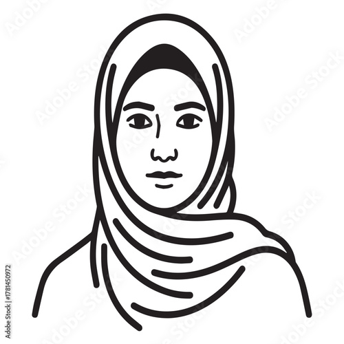 Illustration of a woman wearing a hijab isolated on white background in black