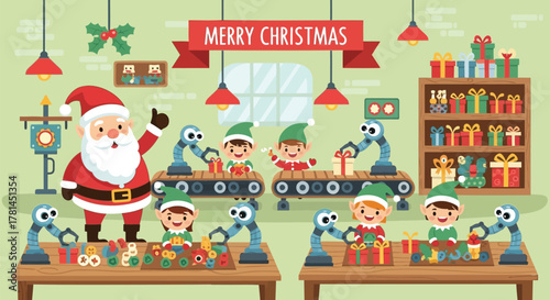 Santa claus and elves working together in a workshop with robotic arms building toys and wrapping gifts for christmas