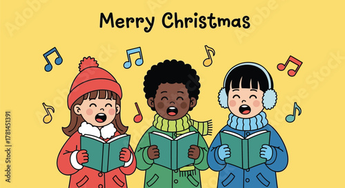 Three diverse children singing christmas carols together holding song books with musical notes around them