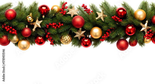 Christmas garland with red and gold ornaments isolated on transparent background