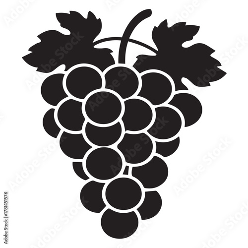 Silhouette of a bunch of grapes with leaves isolated on white background