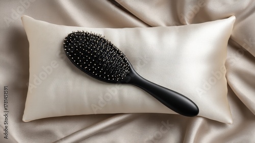 Elegant black hairbrush resting on a pale silk pillow, showcasing beauty and hair care essentials for stylish lifestyle and personal grooming photography.