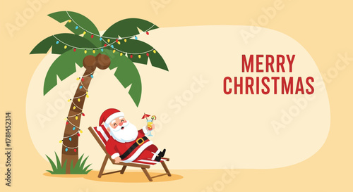 Santa claus relaxing on a beach chair under a palm tree decorated with christmas lights enjoying a tropical drink