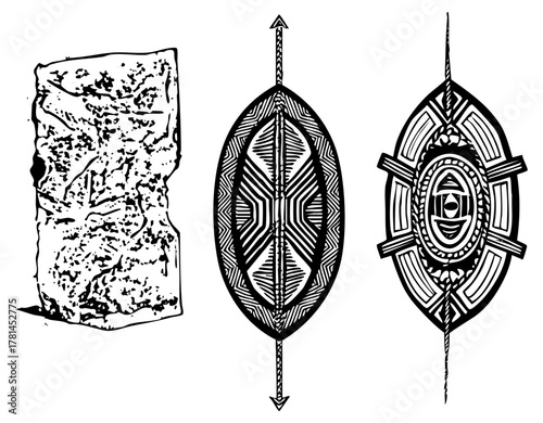 Tribal shields display cultural heritage in ancient artifact collection