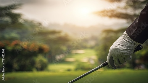 Golfer's Hand Holding Golf Club On Golf Course