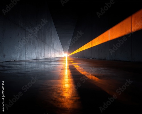 Abstract Concrete Tunnel With Orange Light Beams