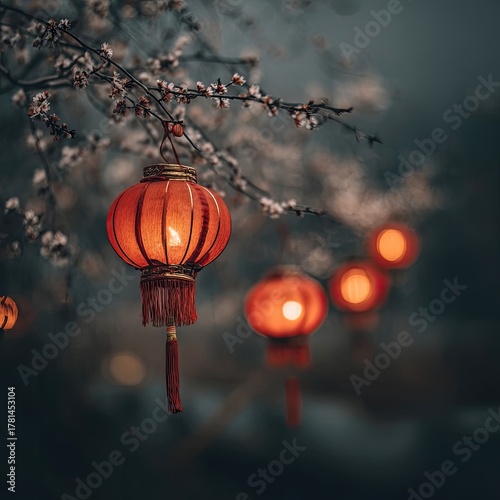 Illuminated Red Lanterns Among Blossoms