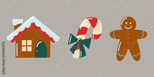 Hand drawn flat Christmas sweets set with gingerbread house, candy cane and cookie man. Festive vector isolated illustration. 