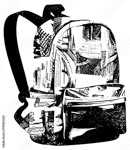 Backpack Illustrates Travel with Hatching