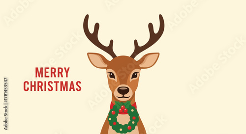 Cute cartoon reindeer wearing a festive wreath and the words merry christmas on a light background