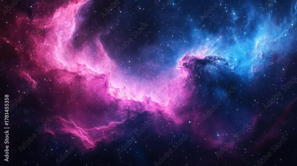 Obraz premium Vivid cosmic nebula glowing in vibrant pink and blue hues with scattered stars against the dark space background evoking a sense of wonder and vastness
