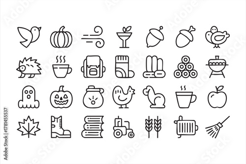 Cozy fall vector icon collection featuring pumpkin, apple, acorn, and coffee