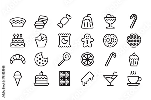 Minimalist dessert icon pack featuring candy, cupcake, and donut designs