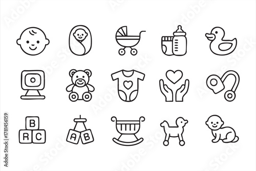 Baby care and newborn icon set for parenting, nursery, and family design projects