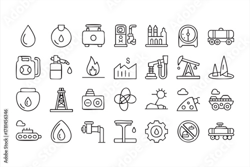 Minimalist oil and gas icons for energy, transport, and engineering applications