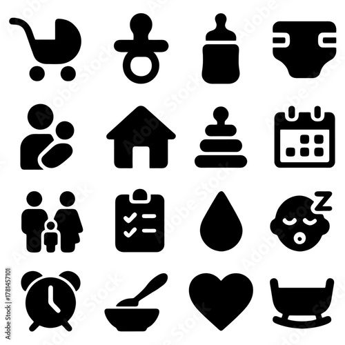 Essential Infant Items: A collection of meticulously crafted, minimalistic black icons depicting a baby-related objects, perfect for symbolizing childhood and nurturing.