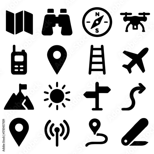 Exploration Essentials: A collection of simple, yet bold, black and white icons representing essential elements for adventure, navigation, and exploration.