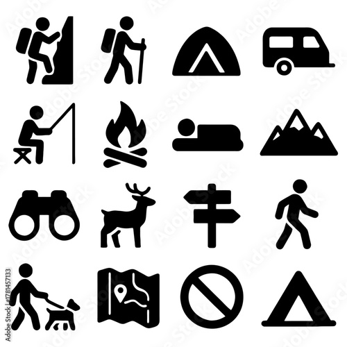 Outdoor Recreation Icons: A collection of various simple icons depicting outdoor activities and elements, suitable for use in websites, applications, and graphic design projects.